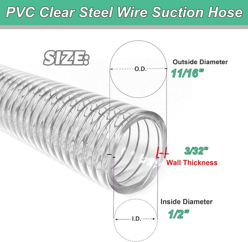 Geowaky 1/2"id-25ft PVC Reinforced Tubing Steel Wire Suction Flexible Hose Vinyl Tubing Heavy Duty PVC Vacuum Hose Drain Fuel Oil Gas Water for Marine Bilge Pump Pond Spa - Image 2